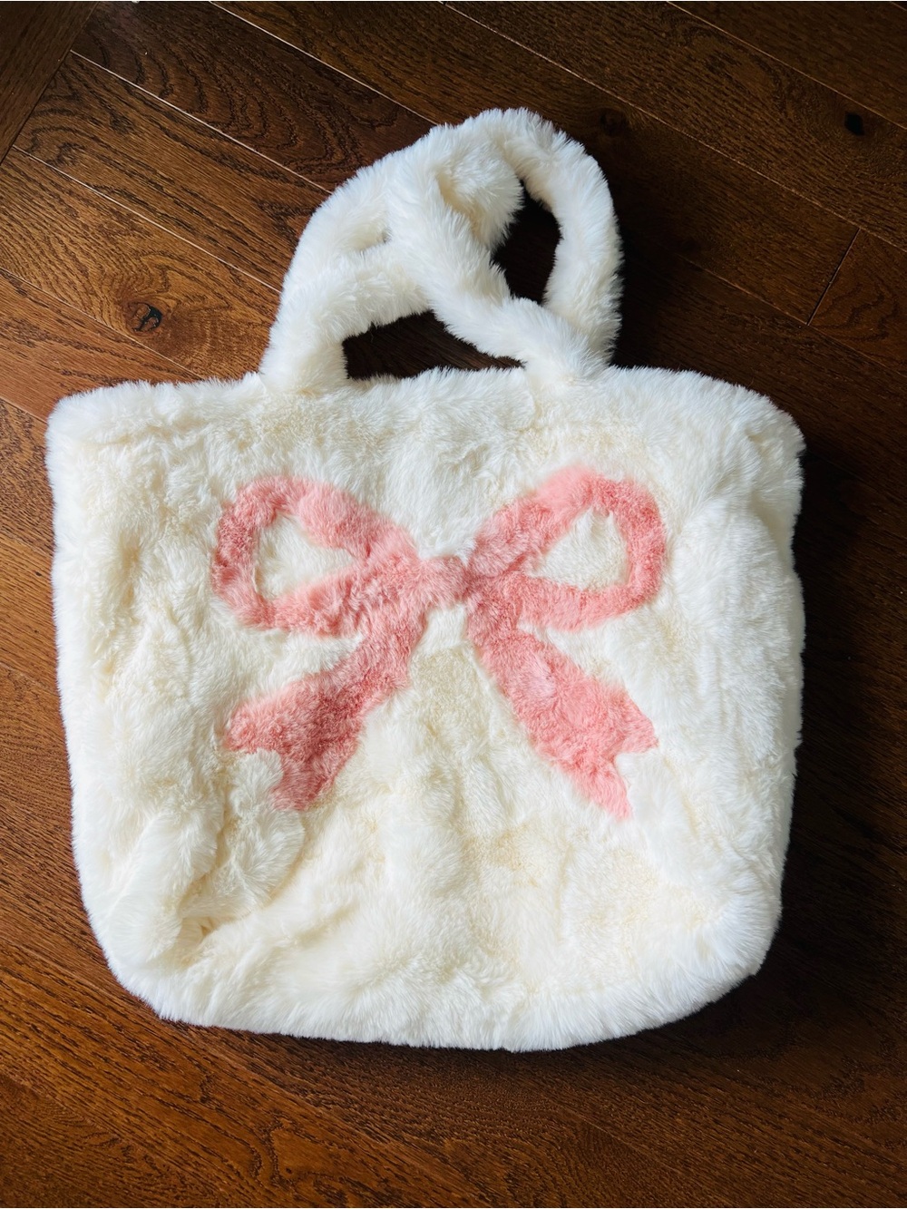 White Fluffy Faux Fur Tote Bag with Pink Bow
